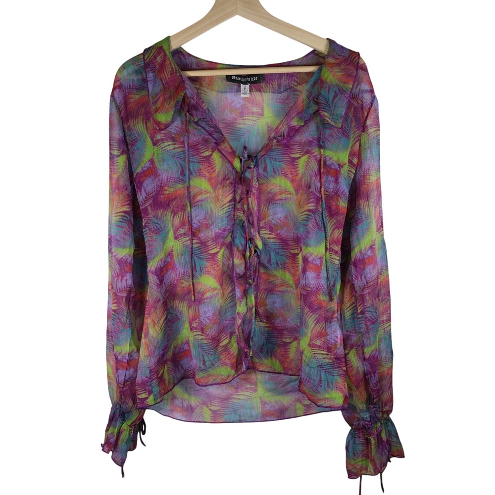 URBAN OUTFITTERS Sheer Top Palm Print Ruffle Tie Front Long Sleeve Festival S